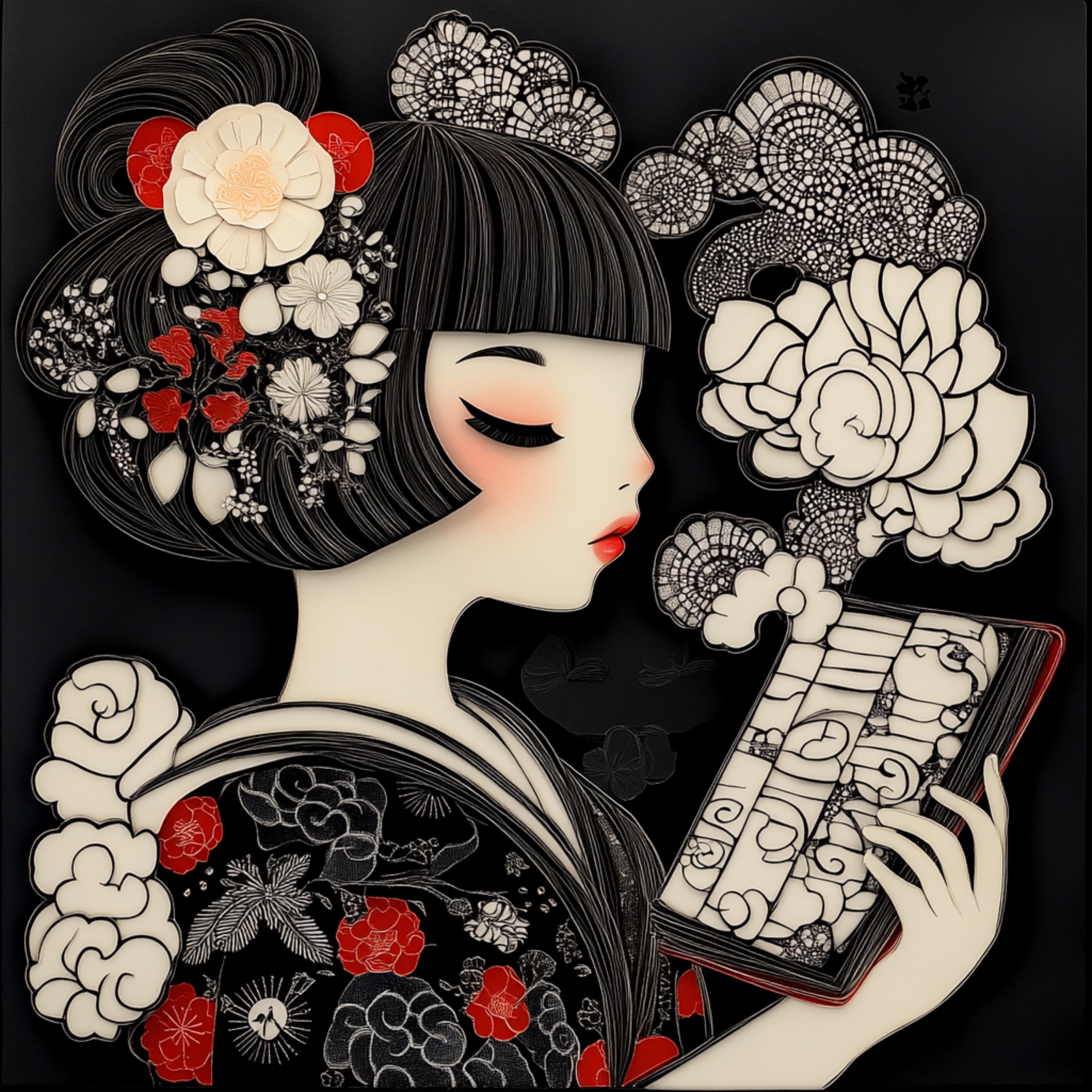 10 Japanese Girl Reading Art, Paper Cut Style Poster, Large Square Artwork, Digital Images, Set of 10, Japanese Inspired Decor