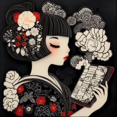 10 Japanese Girl Reading Art, Paper Cut Style Poster, Large Square Artwork, Digital Images, Set of 10, Japanese Inspired Decor