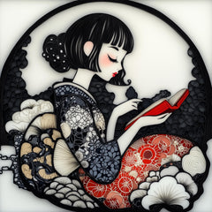 10 Japanese Girl Reading Art, Paper Cut Style Poster, Large Square Artwork, Digital Images, Set of 10, Japanese Inspired Decor