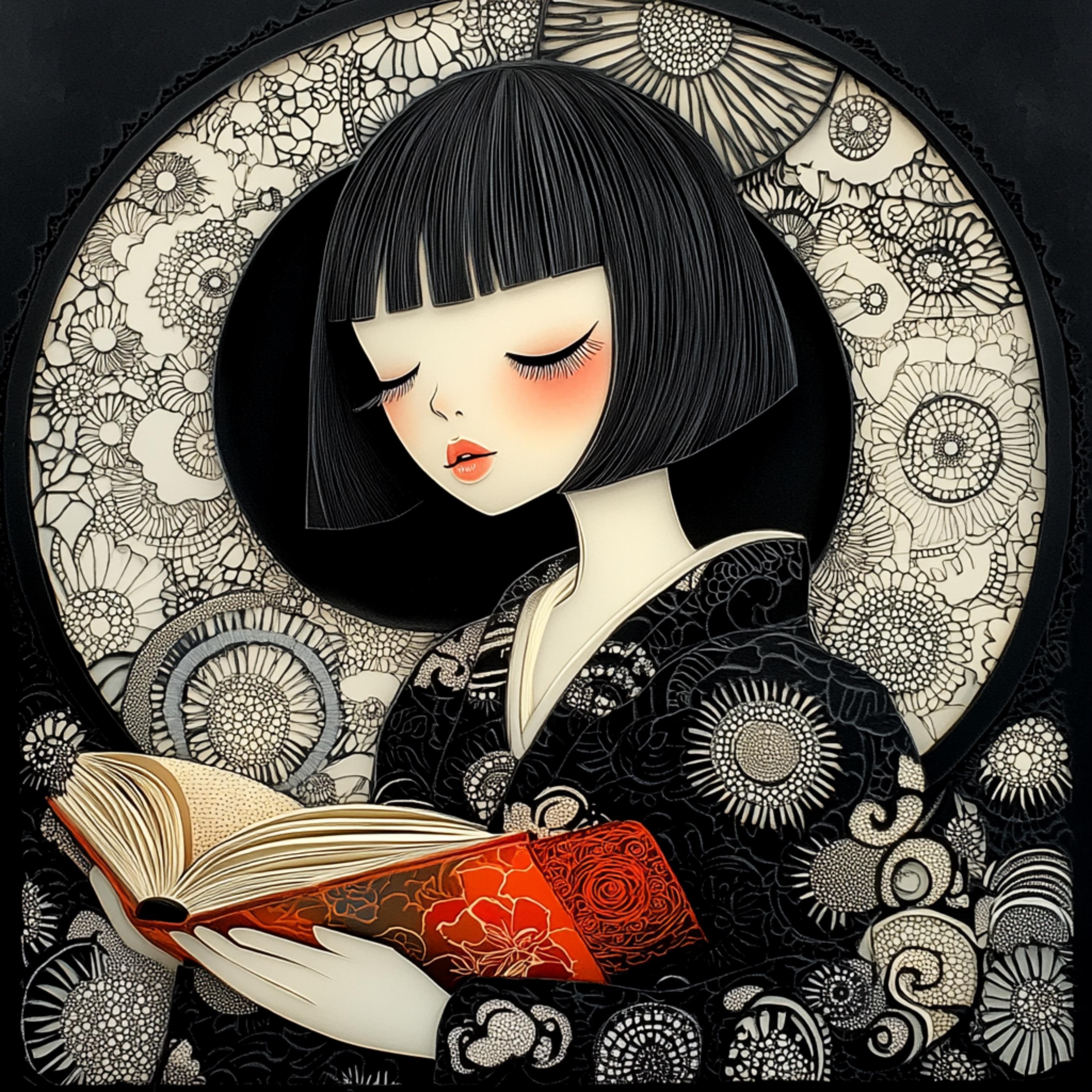 10 Japanese Girl Reading Art, Paper Cut Style Poster, Large Square Artwork, Digital Images, Set of 10, Japanese Inspired Decor
