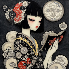 10 Japanese Girl Reading Art, Paper Cut Style Poster, Large Square Artwork, Digital Images, Set of 10, Japanese Inspired Decor