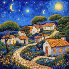 Starry Night Village Town Art Digital Download Set of 12, Night Sky Large Square Artwork for Home Decor, Starry Night Artwork