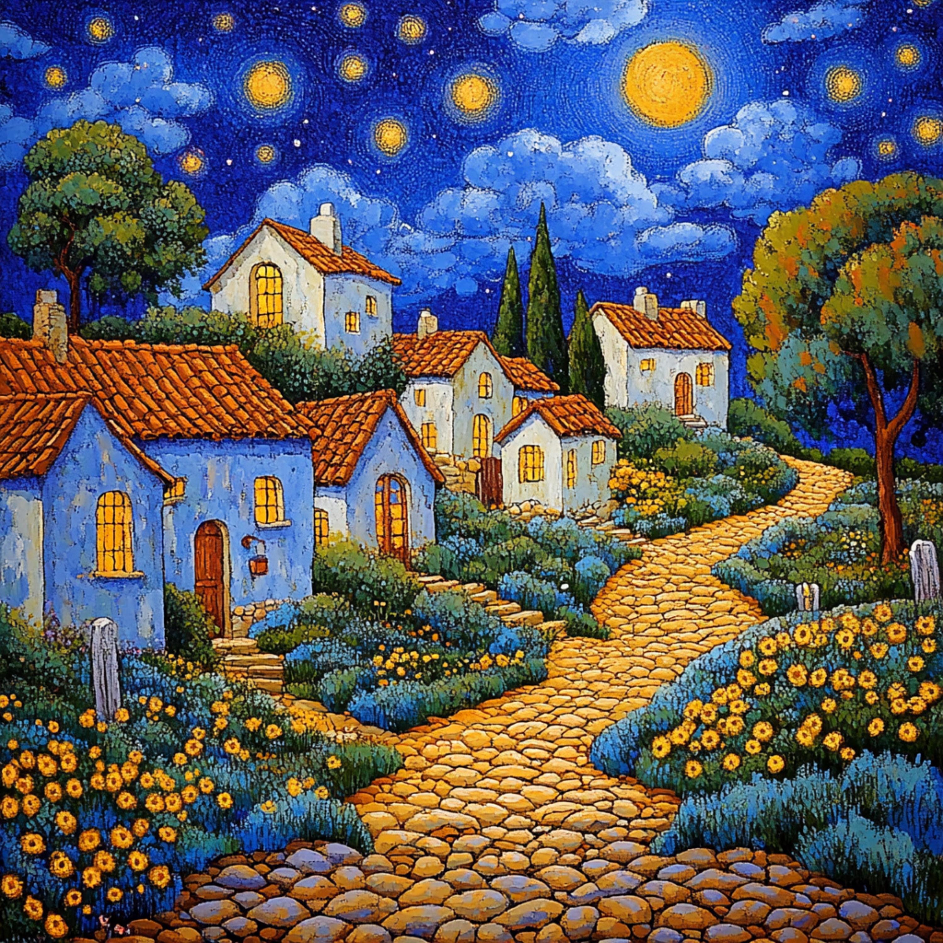 Starry Night Village Town Art Digital Download Set of 12, Night Sky Large Square Artwork for Home Decor, Starry Night Artwork