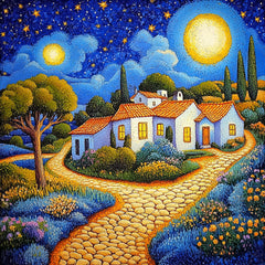 Starry Night Village Town Art Digital Download Set of 12, Night Sky Large Square Artwork for Home Decor, Starry Night Artwork