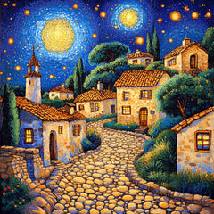 Starry Night Village Town Art Digital Download Set of 12, Night Sky Large Square Artwork for Home Decor, Starry Night Artwork