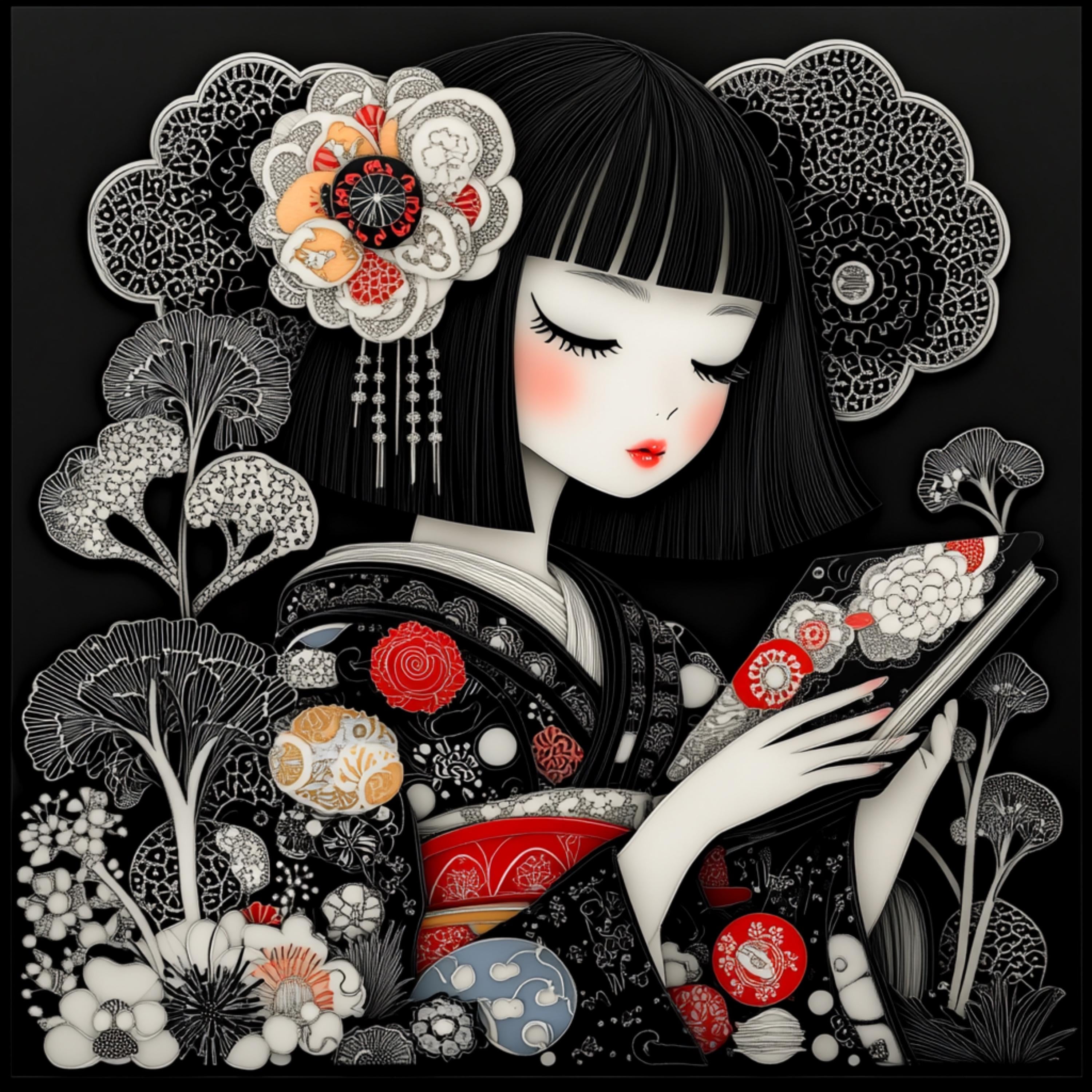 10 Japanese Girl Reading Art, Paper Cut Style Poster, Large Square Artwork, Digital Images, Set of 10, Japanese Inspired Decor