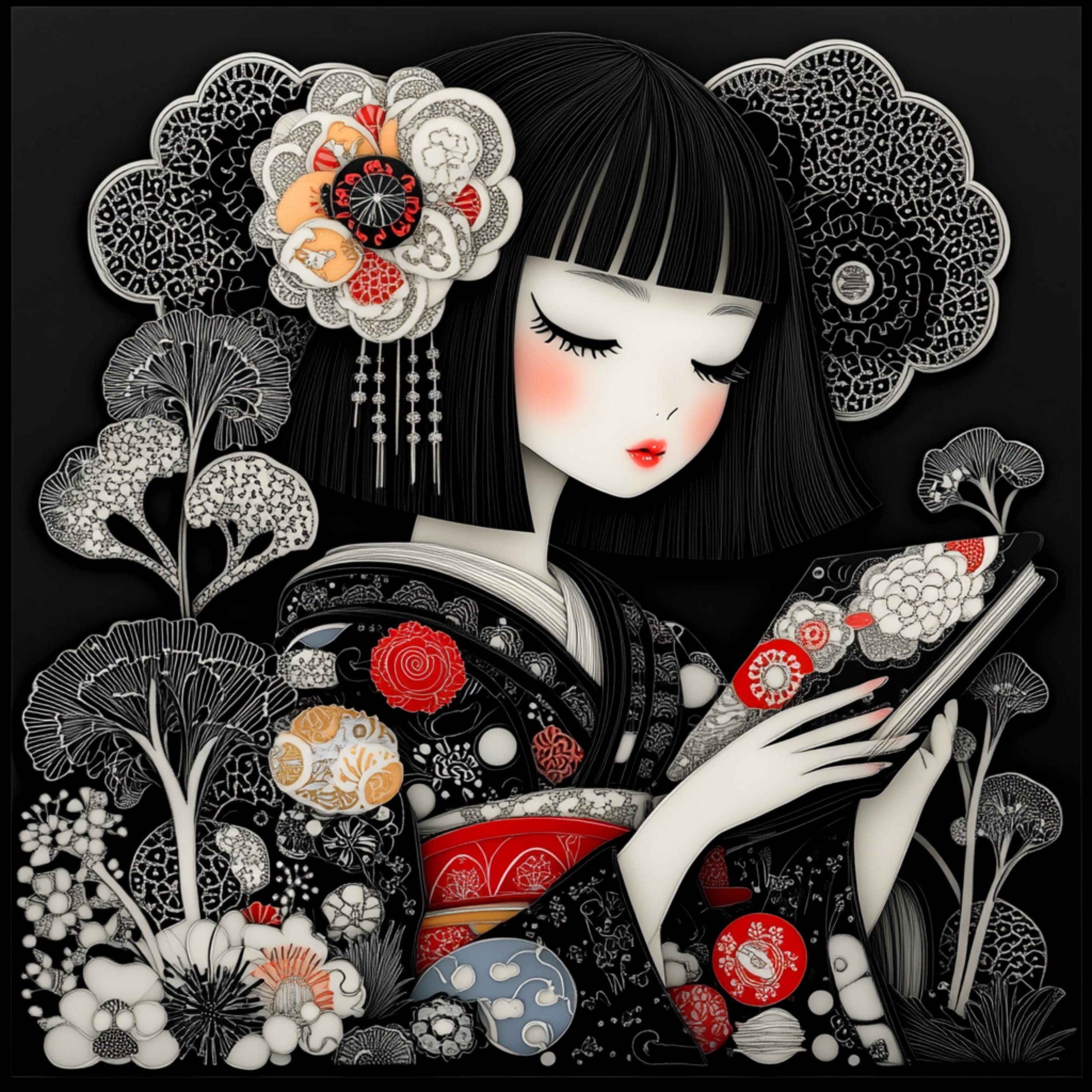 10 Japanese Girl Reading Art, Paper Cut Style Poster, Large Square Artwork, Digital Images, Set of 10, Japanese Inspired Decor