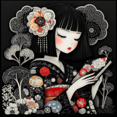 10 Japanese Girl Reading Art, Paper Cut Style Poster, Large Square Artwork, Digital Images, Set of 10, Japanese Inspired Decor