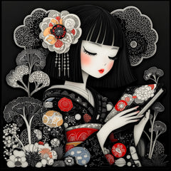 10 Japanese Girl Reading Art, Paper Cut Style Poster, Large Square Artwork, Digital Images, Set of 10, Japanese Inspired Decor