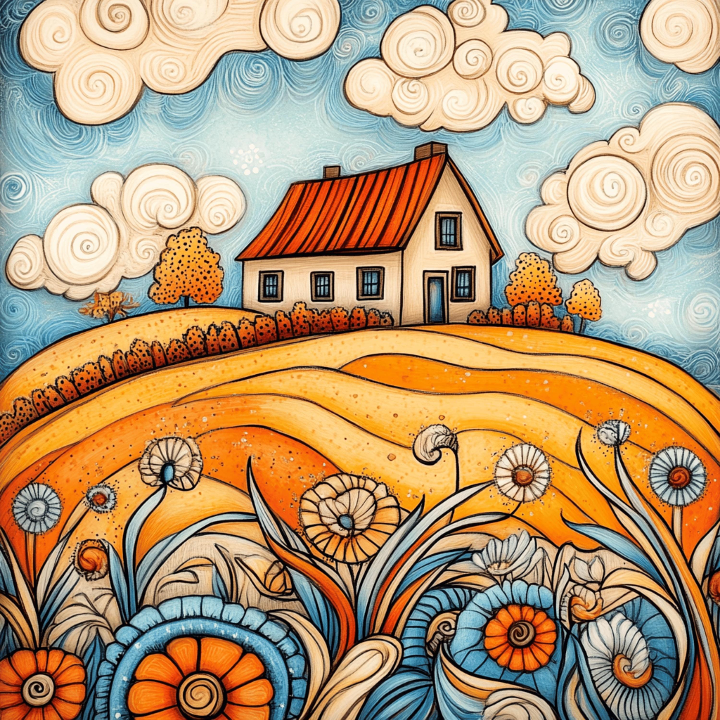 8 Whimsical House Art Print, Downloadable Large Wall Artwork, Instant Digital Poster, Colorful Landscape Illustration, Square Art Piece