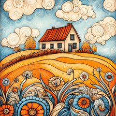 8 Whimsical House Art Print, Downloadable Large Wall Artwork, Instant Digital Poster, Colorful Landscape Illustration, Square Art Piece