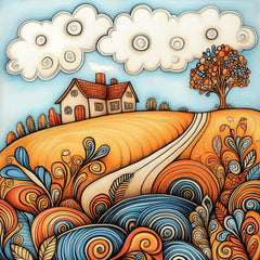 8 Whimsical House Art Print, Downloadable Large Wall Artwork, Instant Digital Poster, Colorful Landscape Illustration, Square Art Piece