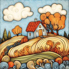 8 Whimsical House Art Print, Downloadable Large Wall Artwork, Instant Digital Poster, Colorful Landscape Illustration, Square Art Piece