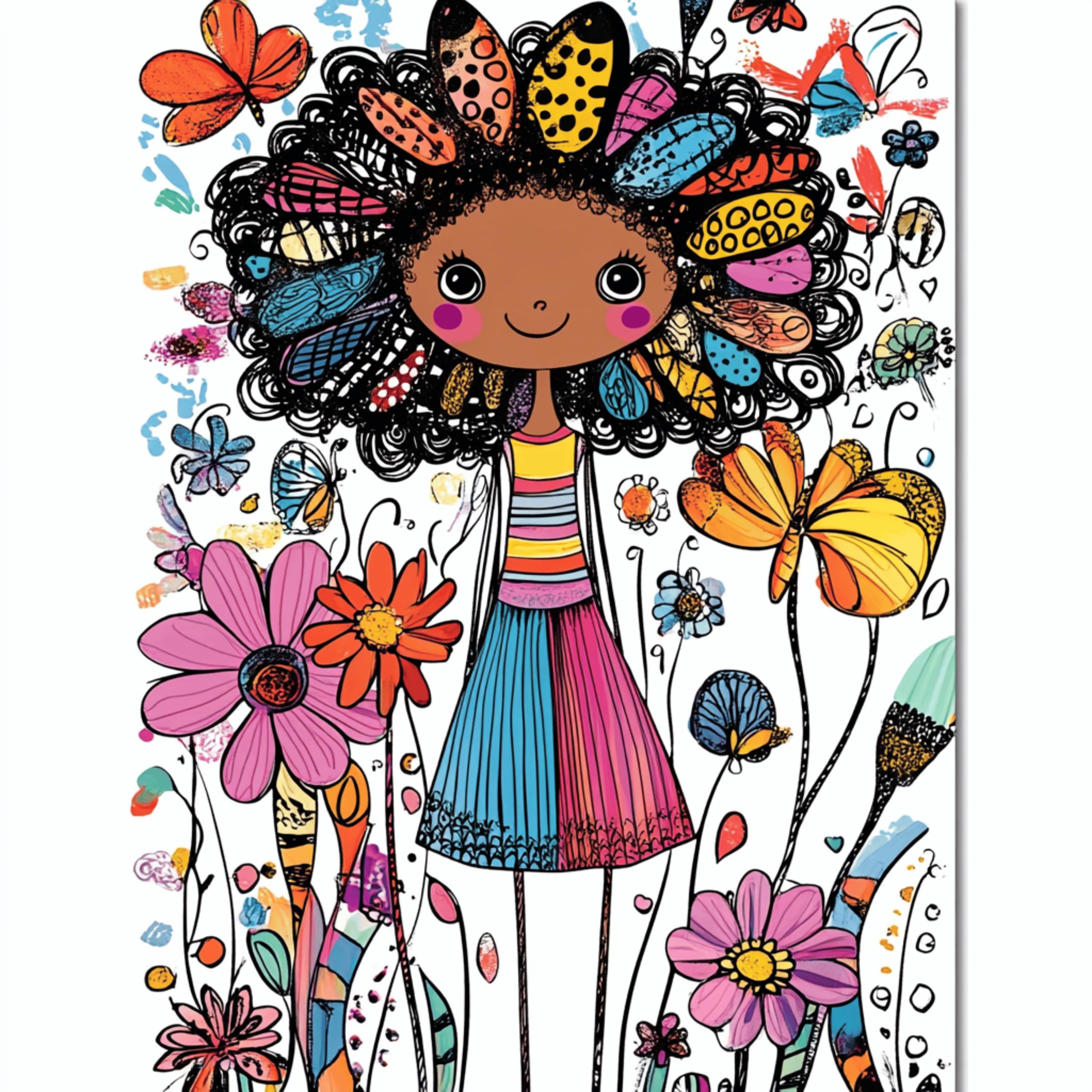 12 Cute Butterfly Garden Digital Art Print, Whimsical Flowers Illustration, Colorful Digital Download, Large Square Wall Art Poster.