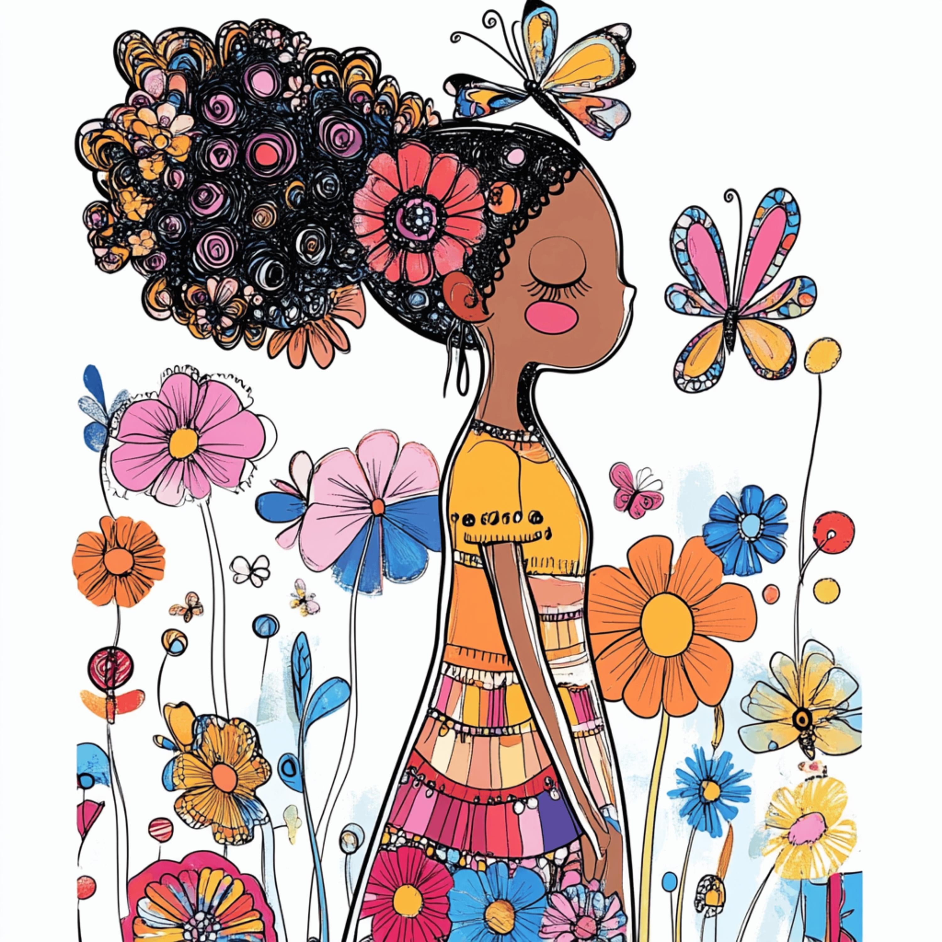 12 Cute Butterfly Garden Digital Art Print, Whimsical Flowers Illustration, Colorful Digital Download, Large Square Wall Art Poster.