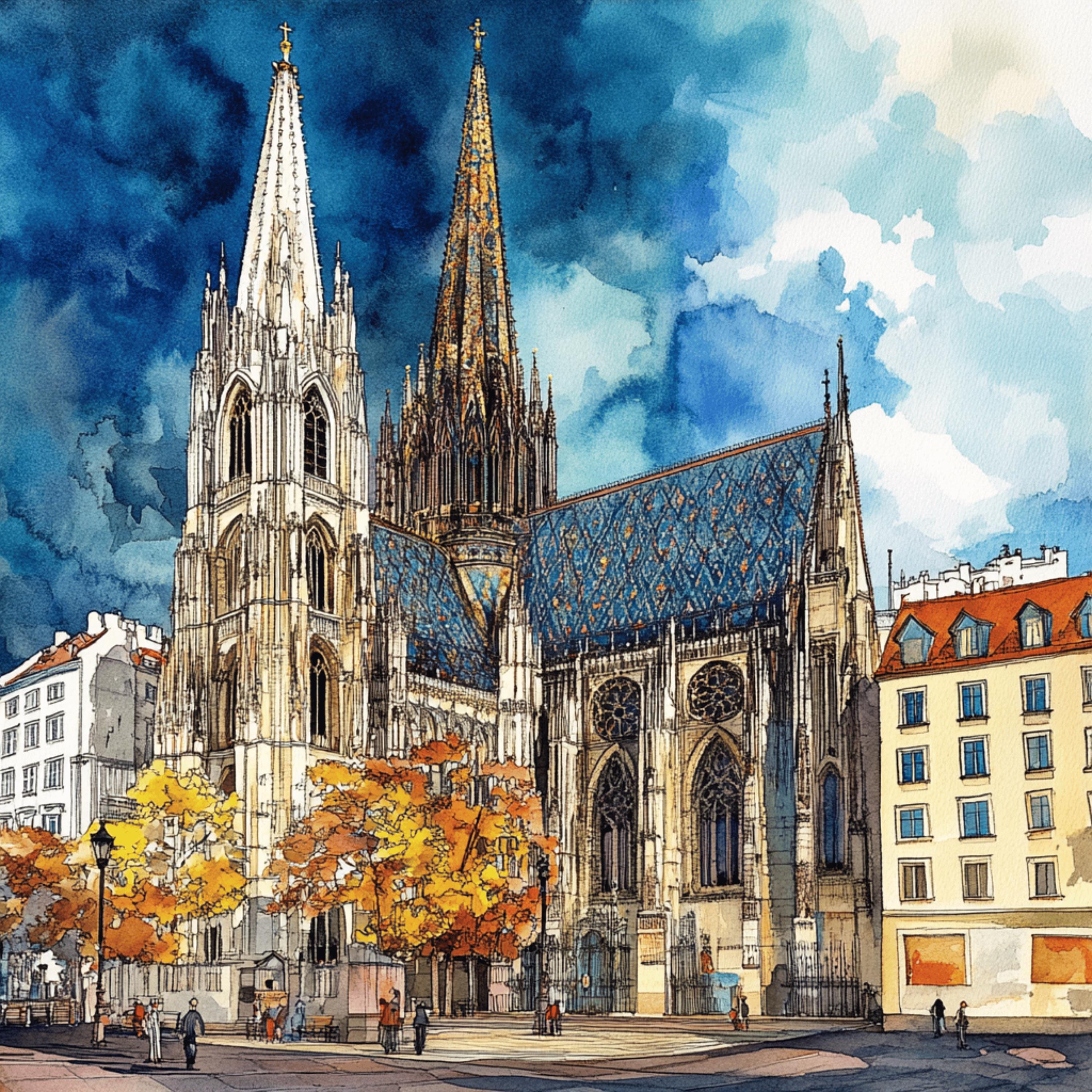 44 digital watercolor images Vienna Austria places of interest poster large square artwork travel photography collection