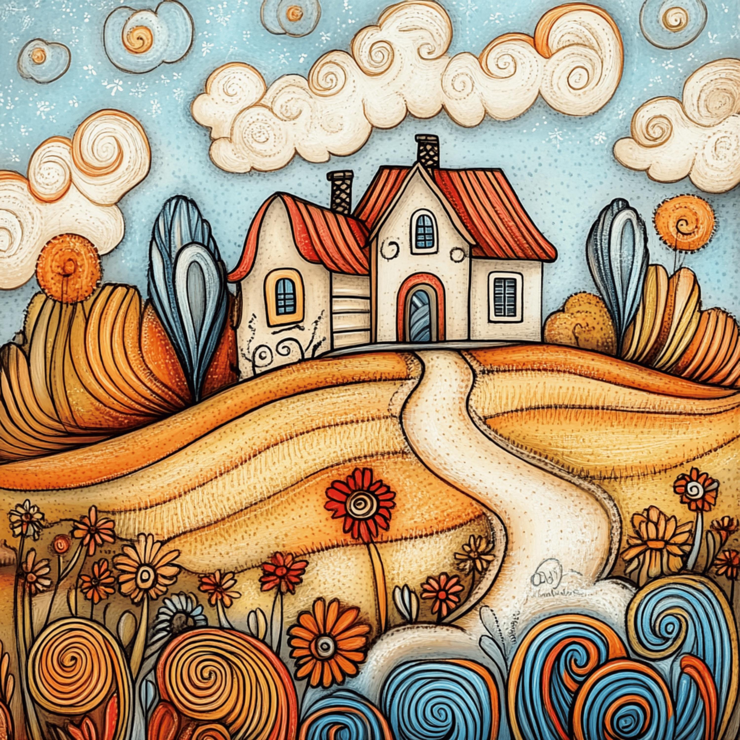 8 Whimsical House Art Print, Downloadable Large Wall Artwork, Instant Digital Poster, Colorful Landscape Illustration, Square Art Piece