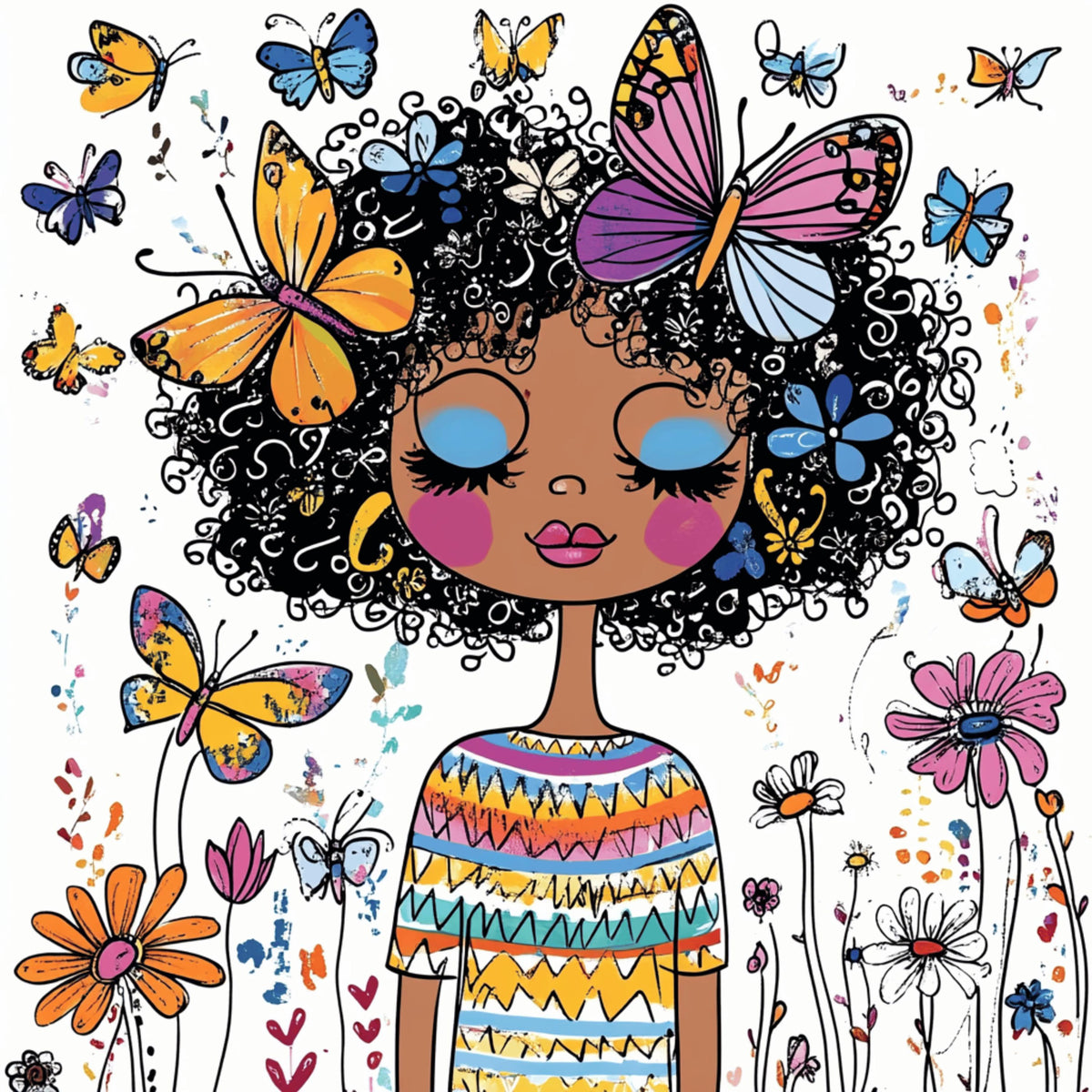 12 Cute Butterfly Garden Digital Art Print, Whimsical Flowers Illustration, Colorful Digital Download, Large Square Wall Art Poster.
