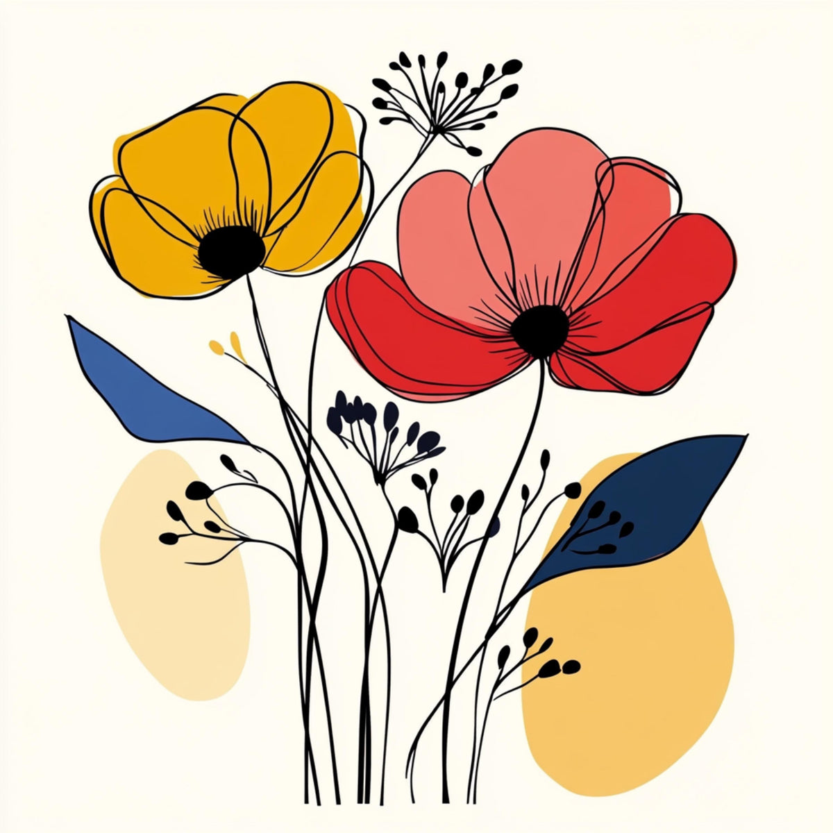 12 Modern Floral Line Art Digital Print Set, Abstract Bold Colors Poster, Large Wall Art Square Design, Set of 12 Images, Overthebed Art