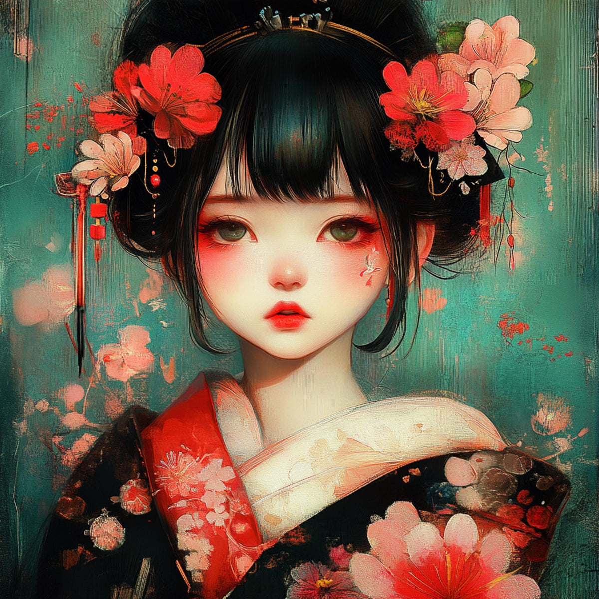 60 Geisha Japanese Girl Poster Large Square Artwork 60 Digital Images Exotic Beauty Vibrant Floral Art Wall Decor
