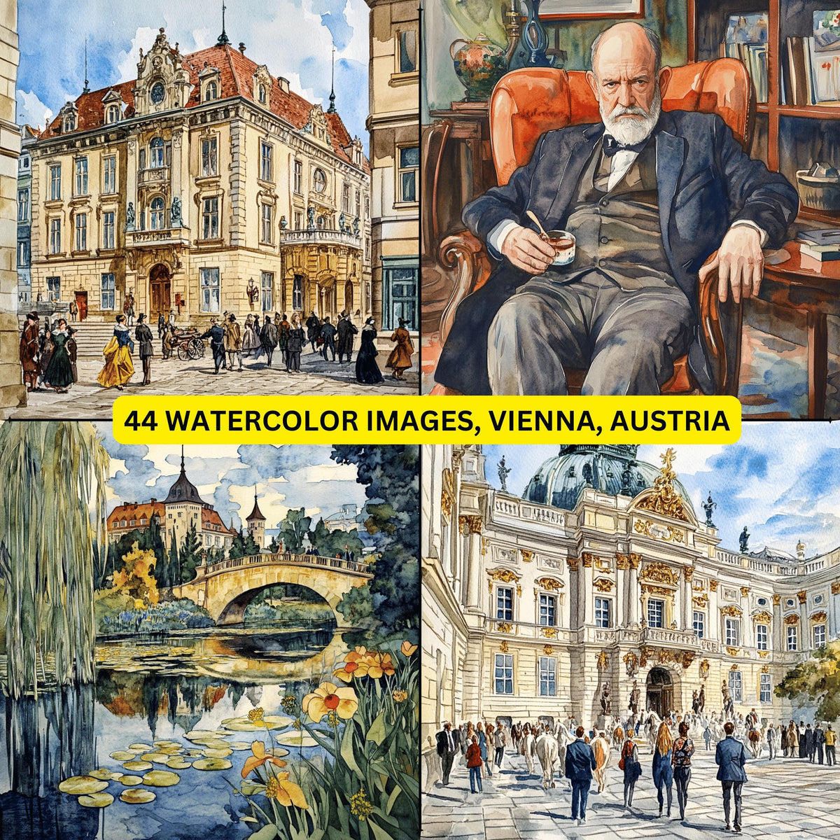 44 digital watercolor images Vienna Austria places of interest poster large square artwork travel photography collection