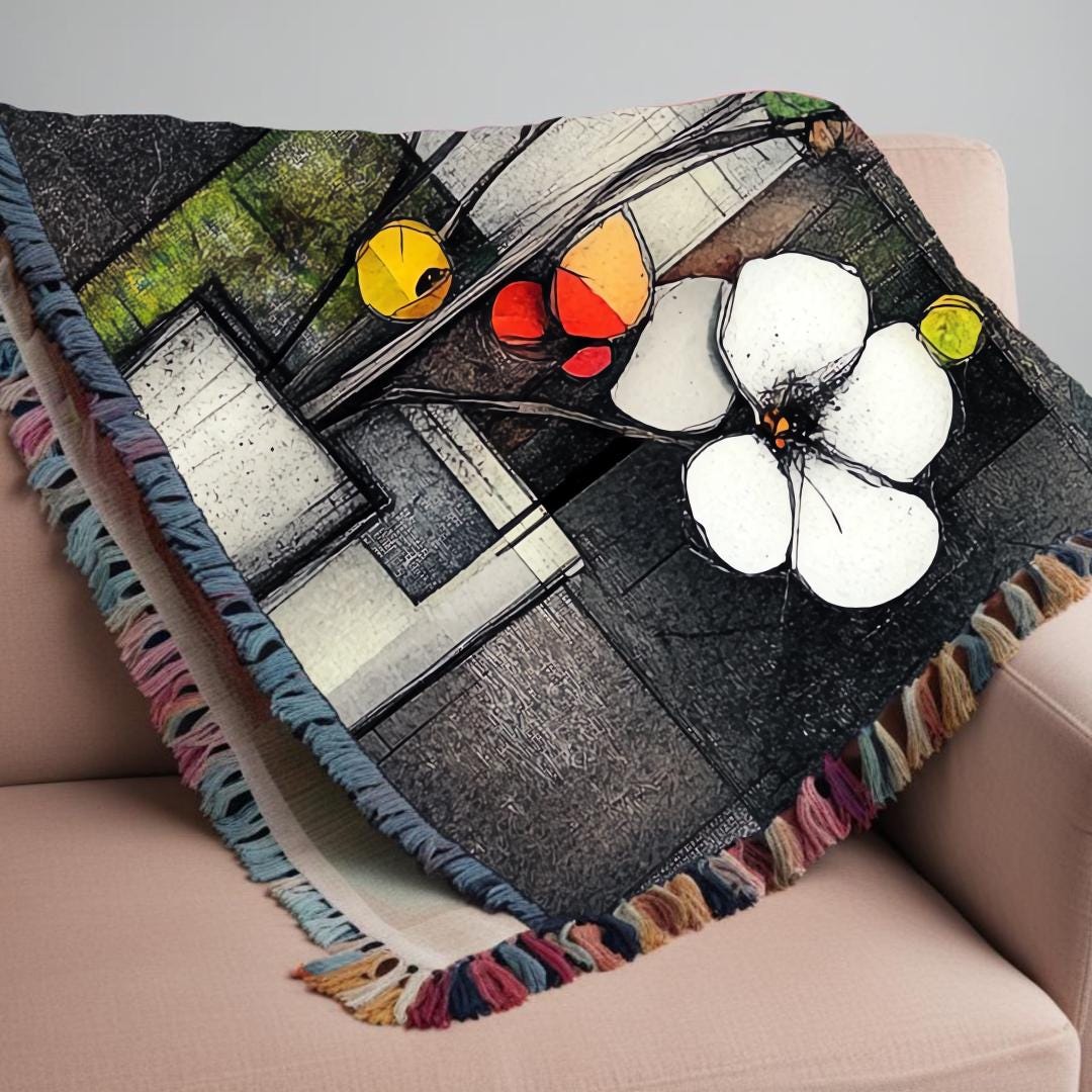 Modern Abstract Art Woven Blanket, Colorful Comforter Wall Tapestry, Luxury Throw Blanket with Flower Artwork, Free Personalisation.