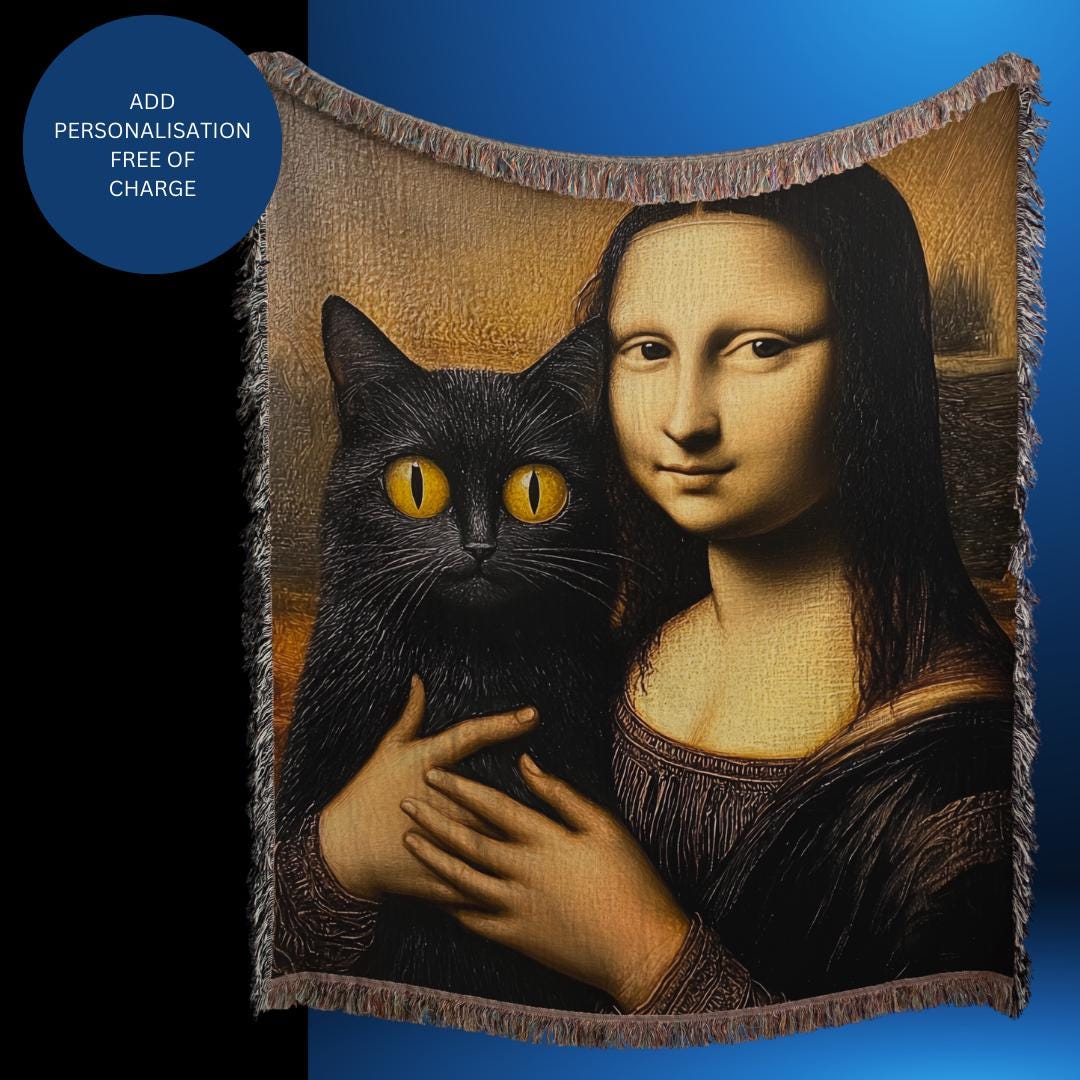 Woven Blanket Mona Lisa Cat Artwork Luxury Throw, Wall Tapestry, Home Décor, Unique Gift, Art Reproduction, Cozy Bedding