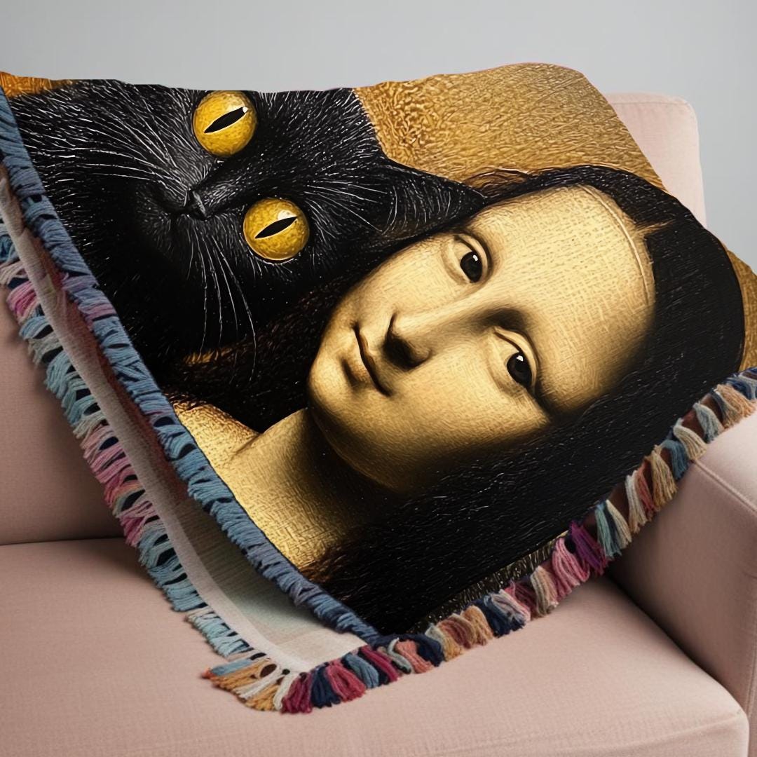 Woven Blanket Mona Lisa Cat Artwork Luxury Throw, Wall Tapestry, Home Décor, Unique Gift, Art Reproduction, Cozy Bedding