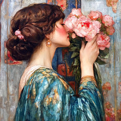 14 Woman Smelling Flowers Digital Art, Living Room Wall Decor, Large Square Artwork, Elegant Wall Art for Home, Woman with Flowers Print