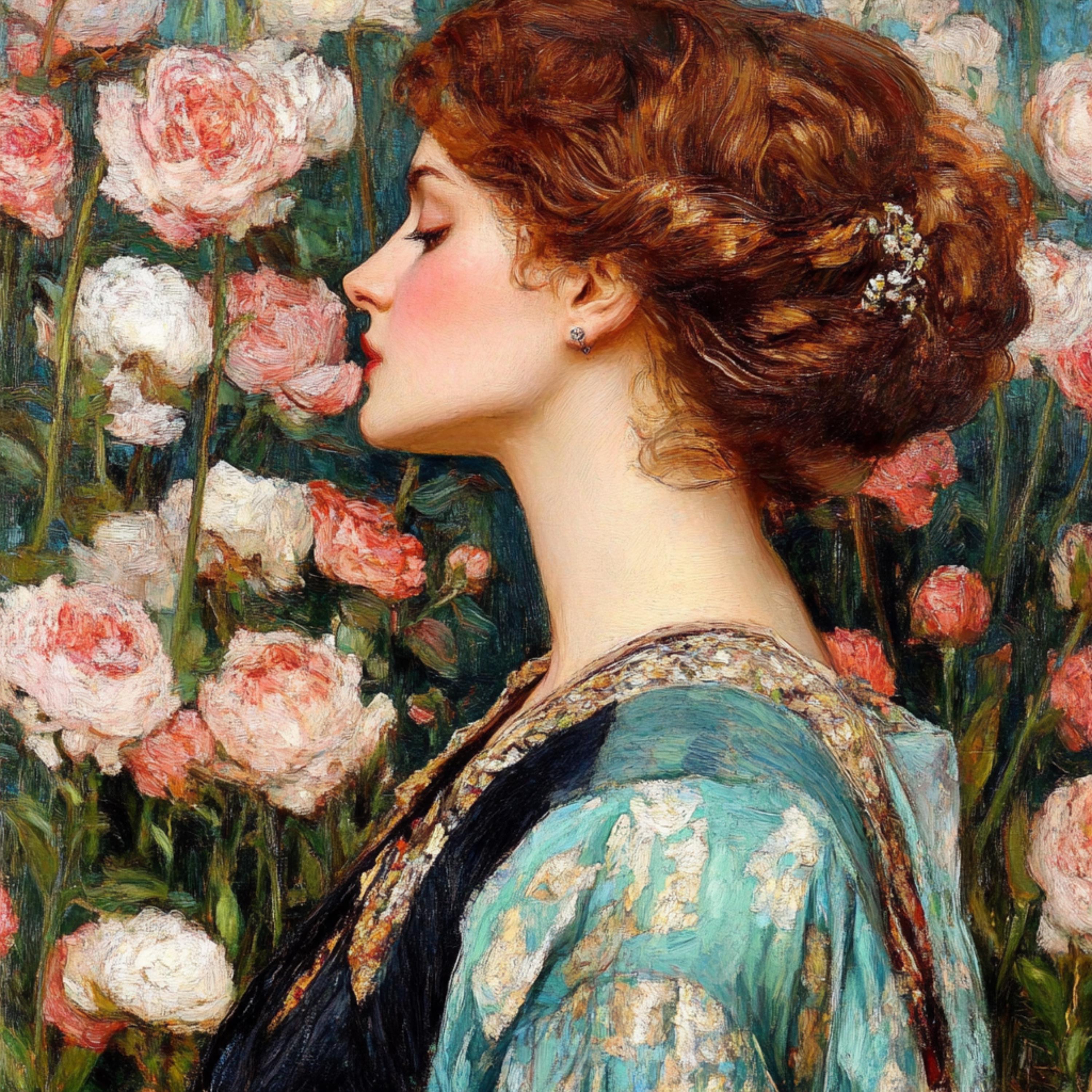 14 Woman Smelling Flowers Digital Art, Living Room Wall Decor, Large Square Artwork, Elegant Wall Art for Home, Woman with Flowers Print