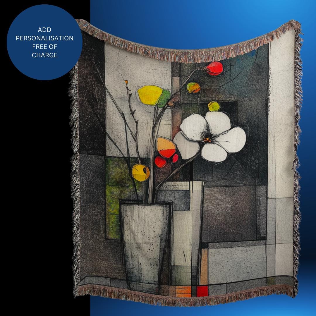 Modern Abstract Art Woven Blanket, Colorful Comforter Wall Tapestry, Luxury Throw Blanket with Flower Artwork, Free Personalisation.