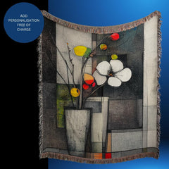 Modern Abstract Art Woven Blanket, Colorful Comforter Wall Tapestry, Luxury Throw Blanket with Flower Artwork, Free Personalisation.