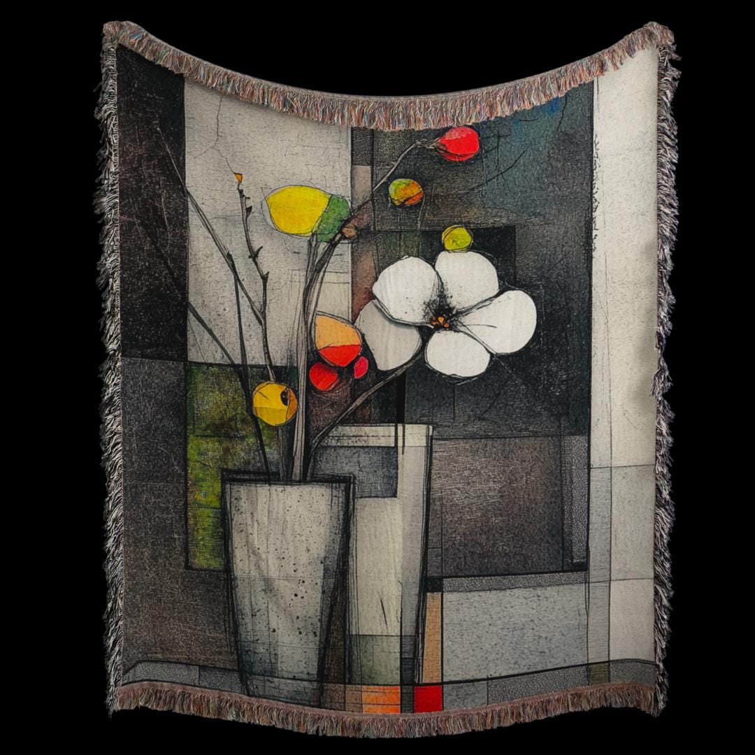 Modern Abstract Art Woven Blanket, Colorful Comforter Wall Tapestry, Luxury Throw Blanket with Flower Artwork, Free Personalisation.