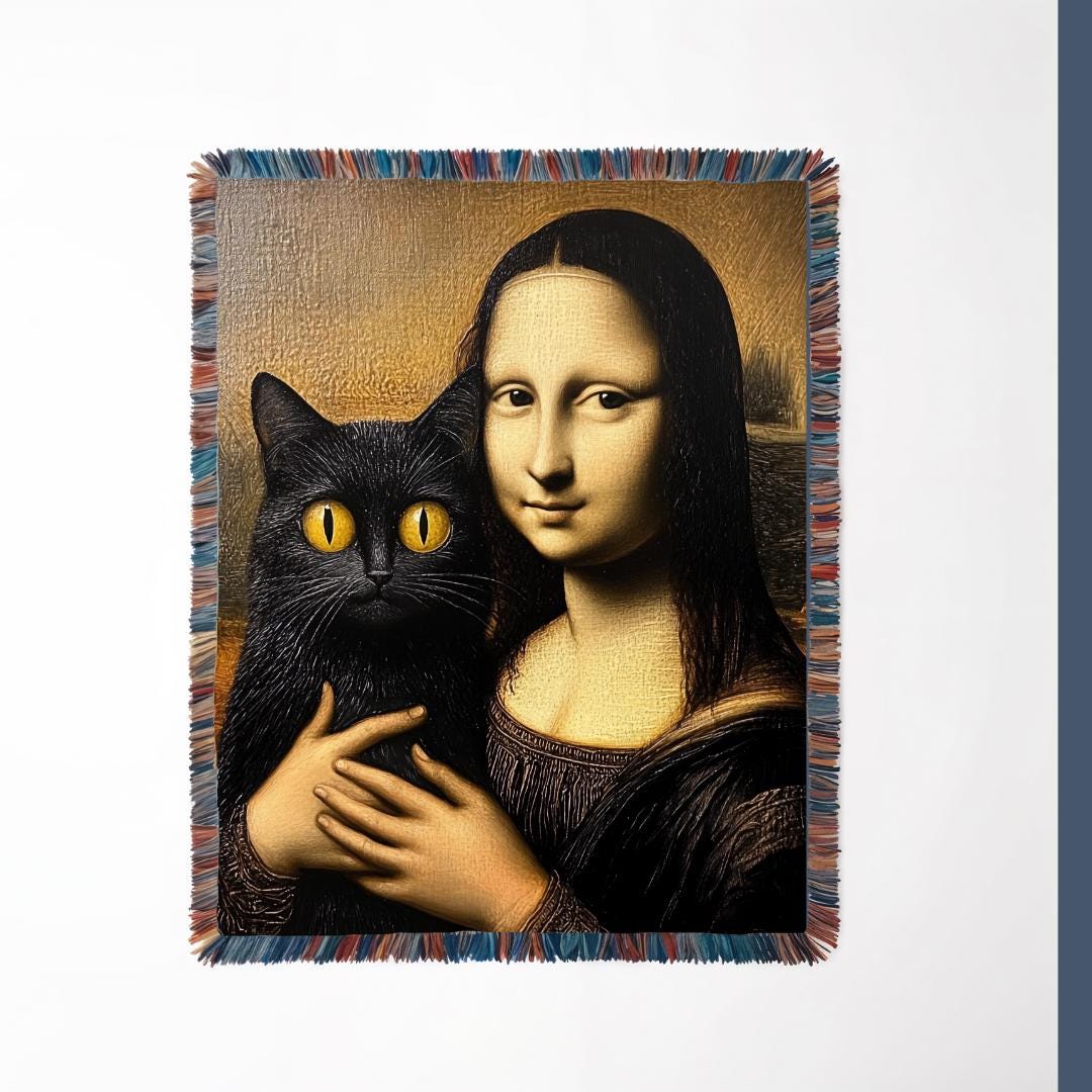 Woven Blanket Mona Lisa Cat Artwork Luxury Throw, Wall Tapestry, Home Décor, Unique Gift, Art Reproduction, Cozy Bedding