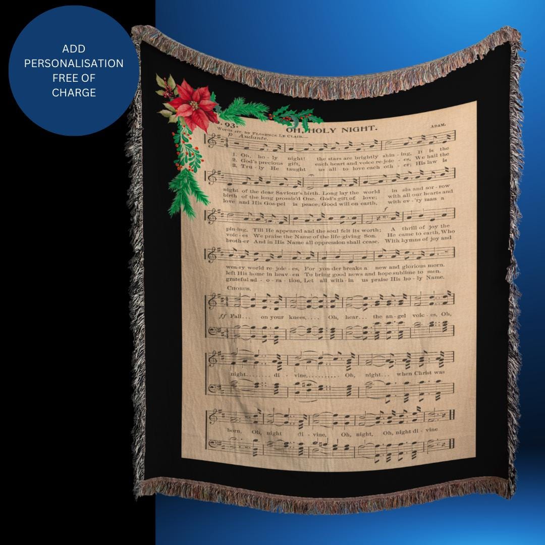 Woven Blanket, Oh Holy Night Music Sheet Design Cozy Luxury Throw Three Sizes Available Ideal Christmas Gift Home Decor, Wall Hanging.