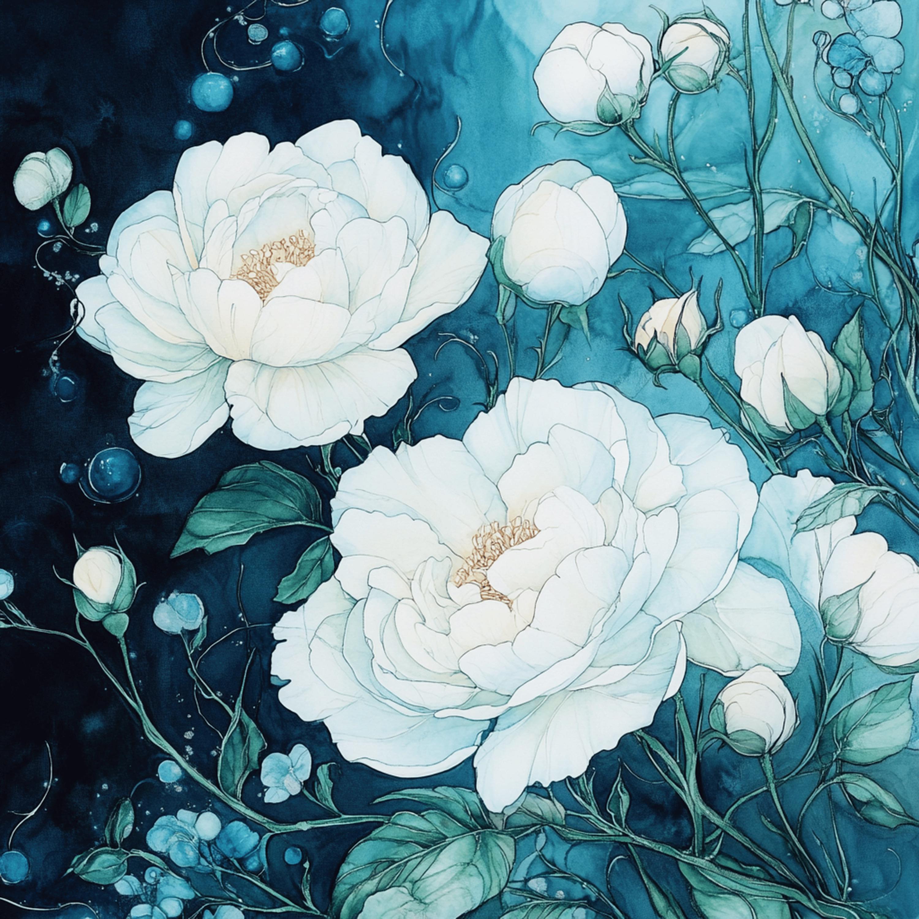 12 Large Square Boho Artwork, White Blue Flower Digital Images, Set of 12, Floral Wall Art, Botanical Print, Home Decor
