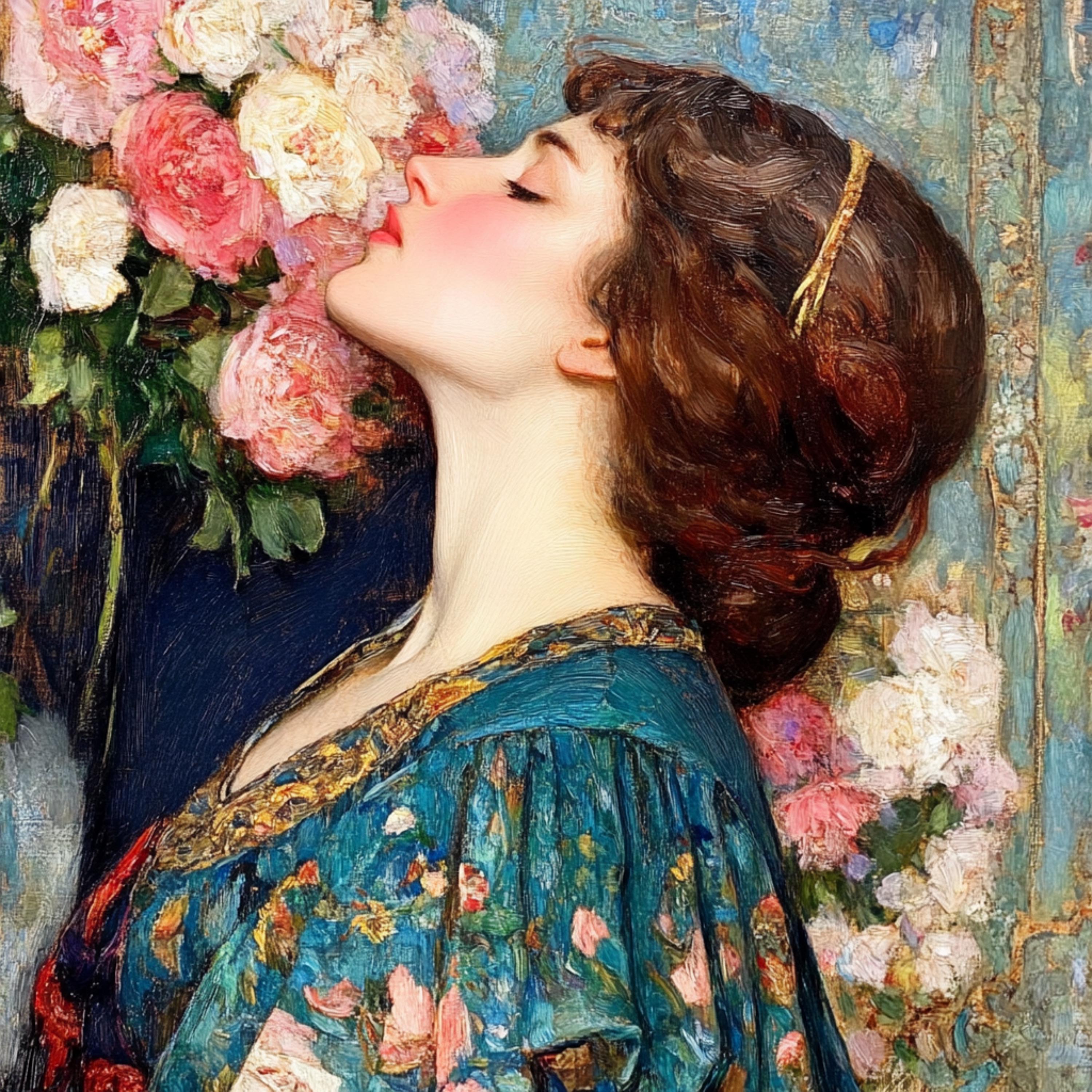 14 Woman Smelling Flowers Digital Art, Living Room Wall Decor, Large Square Artwork, Elegant Wall Art for Home, Woman with Flowers Print