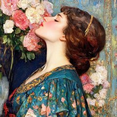 14 Woman Smelling Flowers Digital Art, Living Room Wall Decor, Large Square Artwork, Elegant Wall Art for Home, Woman with Flowers Print