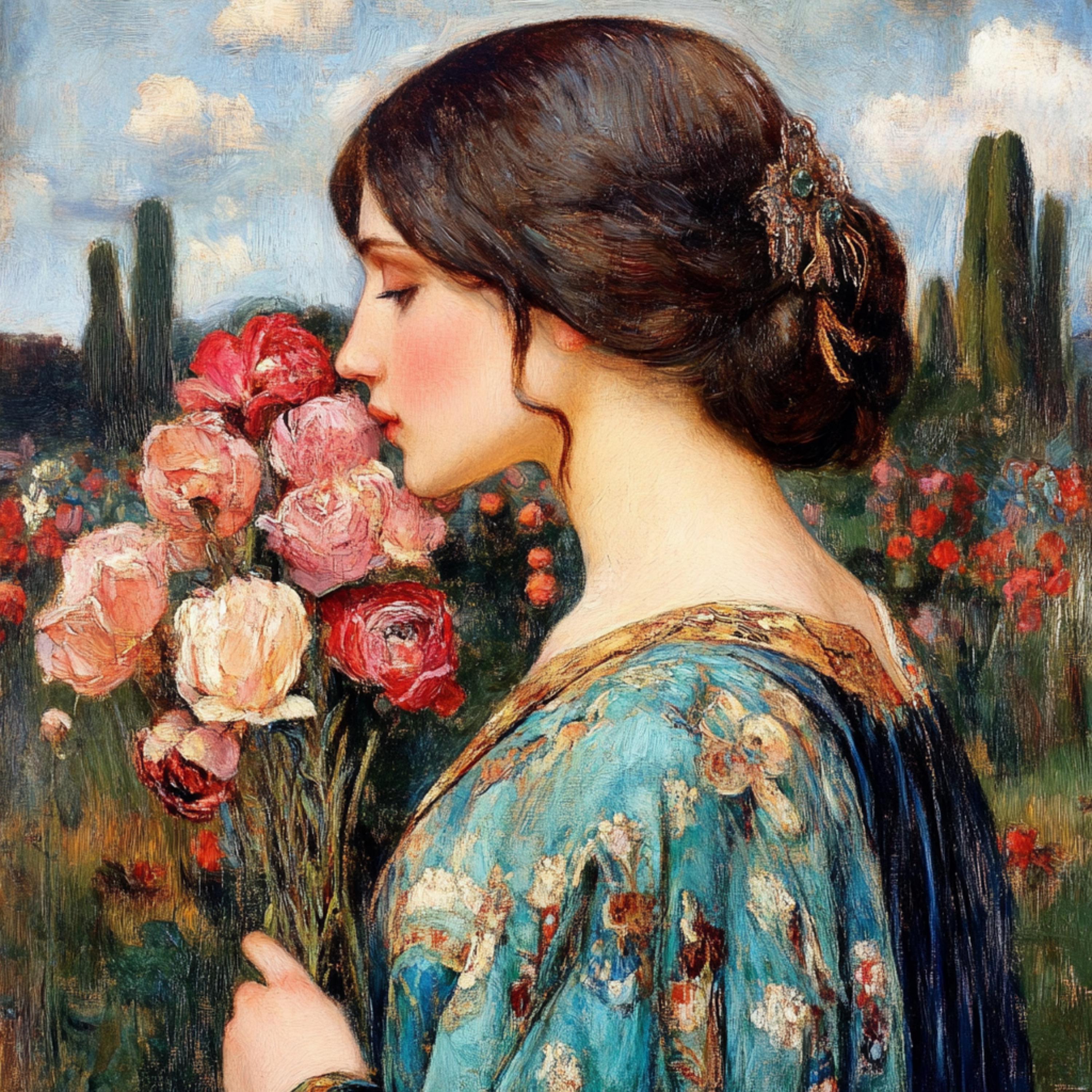 14 Woman Smelling Flowers Digital Art, Living Room Wall Decor, Large Square Artwork, Elegant Wall Art for Home, Woman with Flowers Print