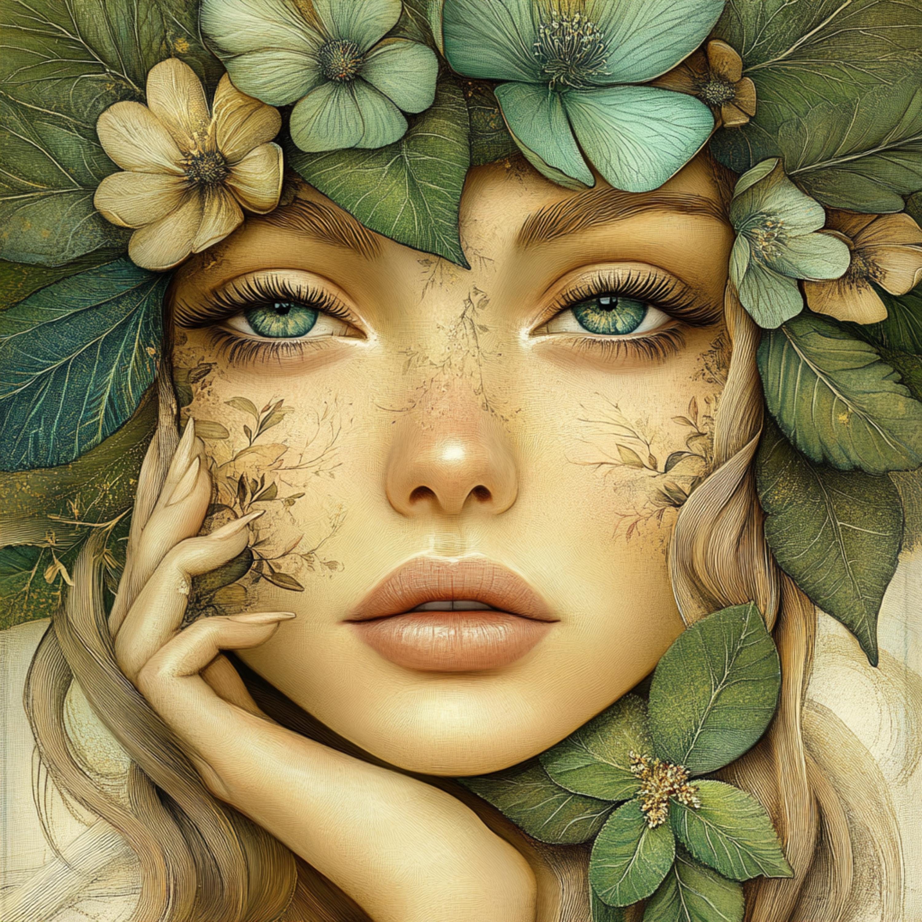 15 Boho female portrait digital art, green artwork collection, large square wall art, 15 digital images set, nature inspired decor