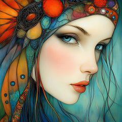20 Blue Boho Female Portrait Digital Download, 20 Large Square Wall Art Prints, Vibrant Bohemian Woman Art Decor, Instant Download