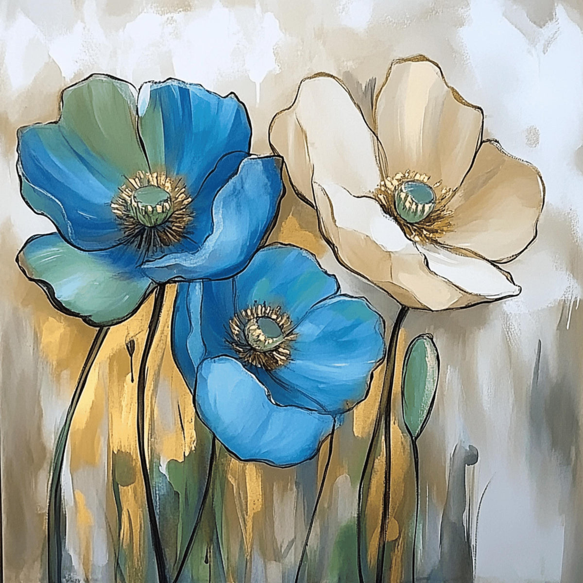 12 Blue Poppies Digital Art Set, Floral Artwork Collection, 12 Digital Images, large Square Poster Art, Wall Decor for Living Room