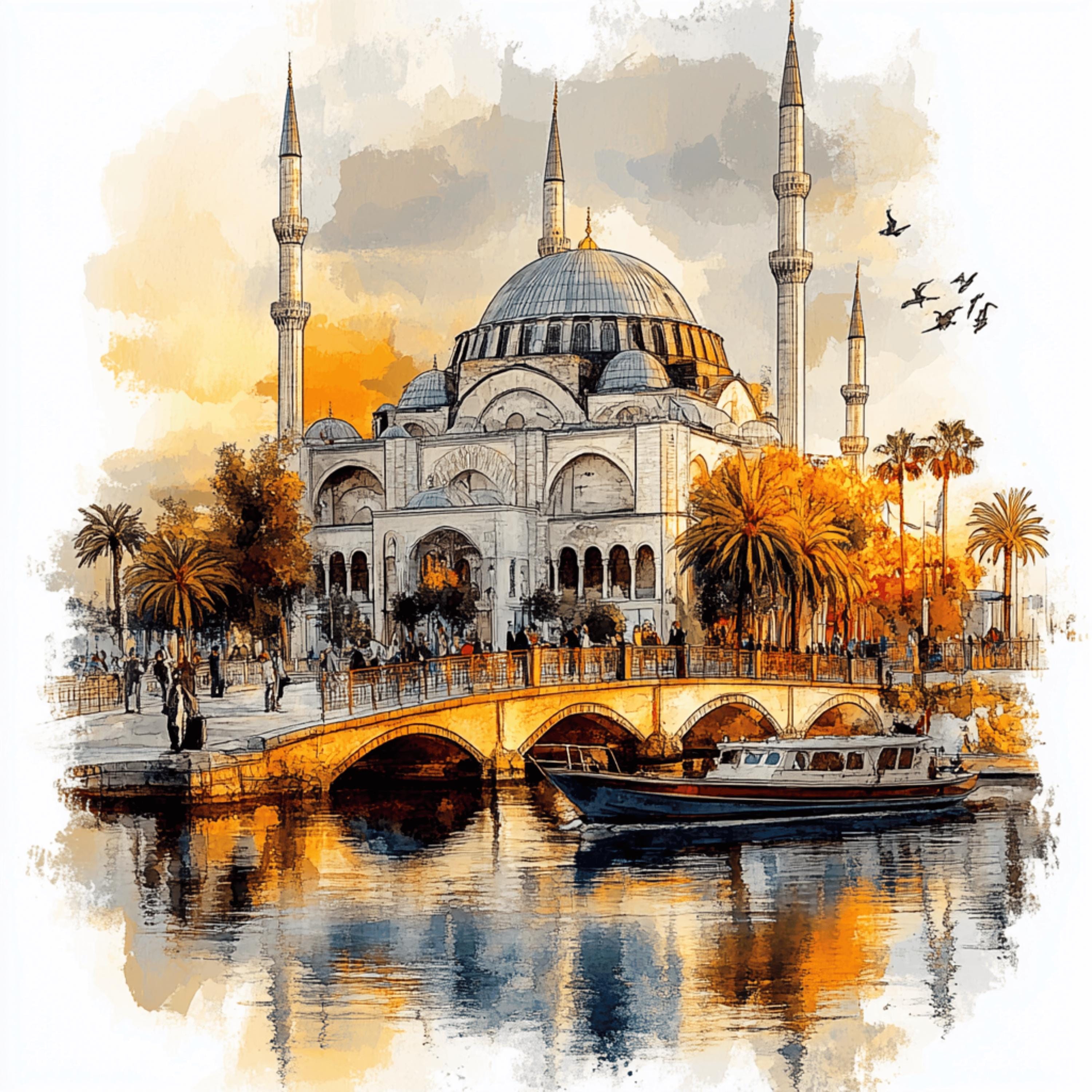 70 Istanbul Artwork Poster, 70 Digital Images, Large Square Art Print, Cityscape Painting, Vibrant Wall Decor, Boats and Mosque Illustration