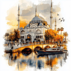 70 Istanbul Artwork Poster, 70 Digital Images, Large Square Art Print, Cityscape Painting, Vibrant Wall Decor, Boats and Mosque Illustration