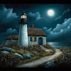 25 digital images, lighthouse at night, large square moody artwork, poster art, serene sea view, nautical wall decor, moonlit lighthouse