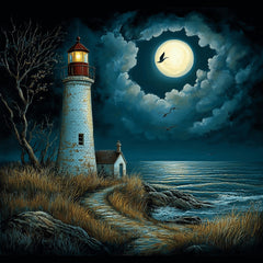 25 digital images, lighthouse at night, large square moody artwork, poster art, serene sea view, nautical wall decor, moonlit lighthouse