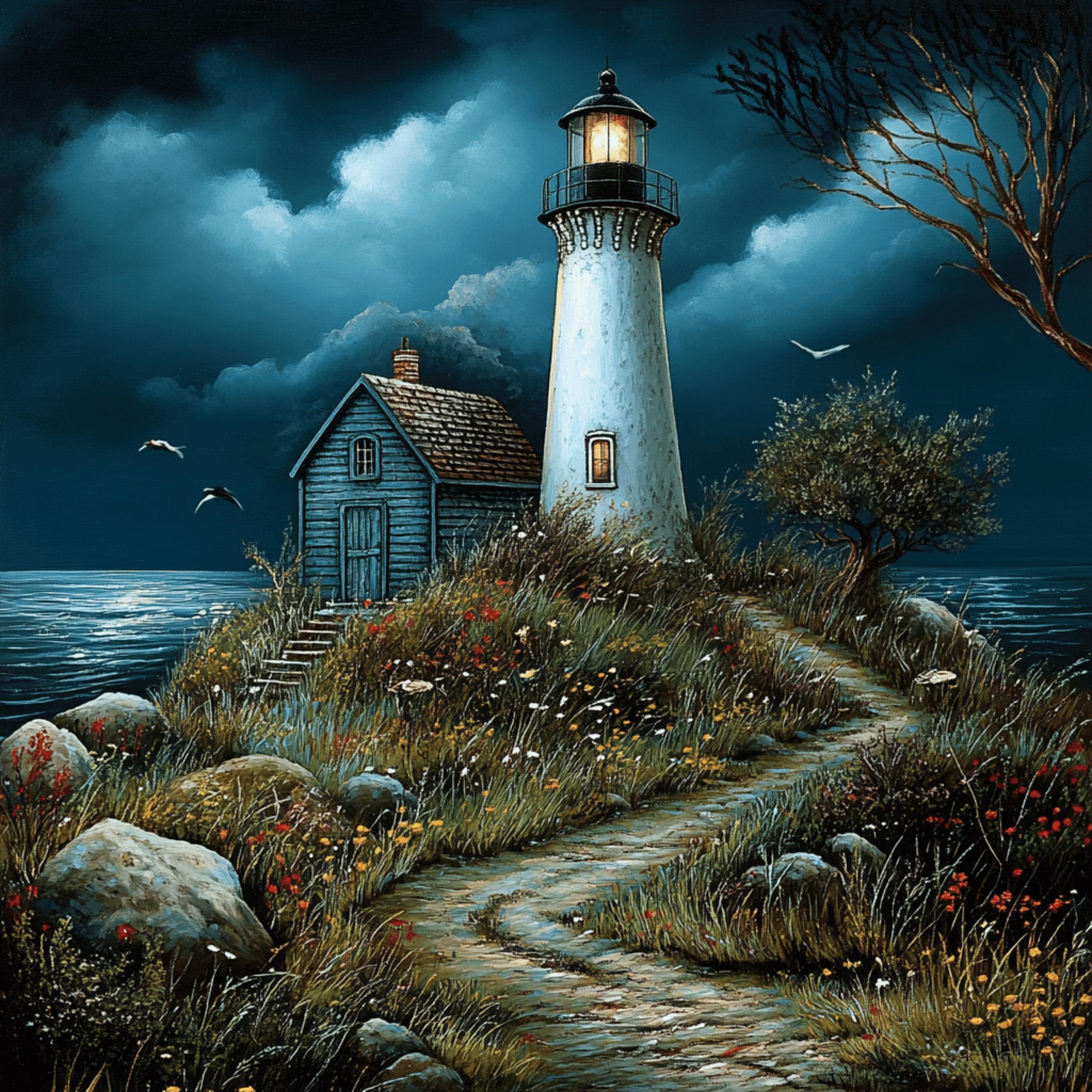 25 digital images, lighthouse at night, large square moody artwork, poster art, serene sea view, nautical wall decor, moonlit lighthouse