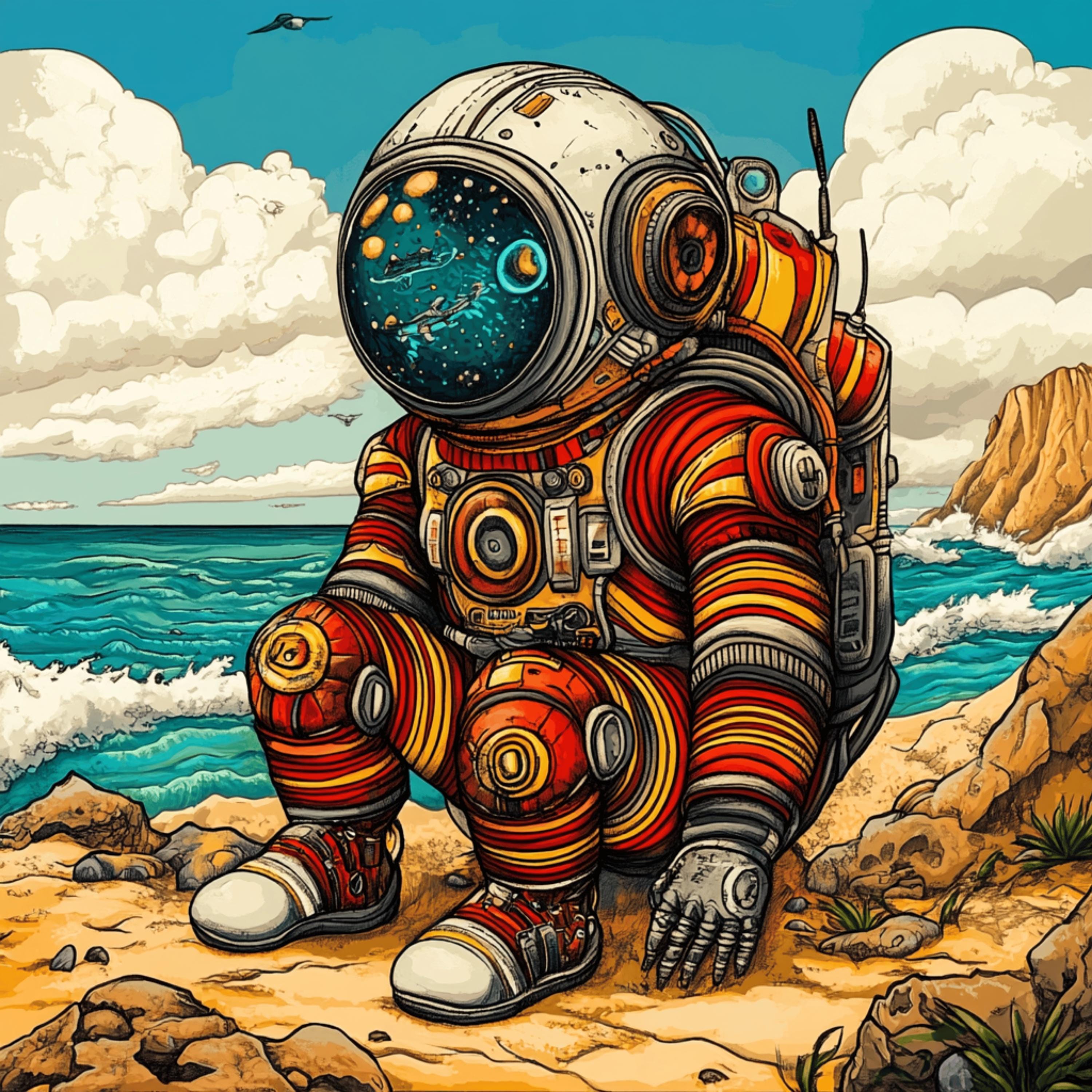 11 Vibrant Spaceman Beach Seaside Kids Art Print, Digital Images Poster Artwork, Large Square Digital Artwork, Kids Room Decor