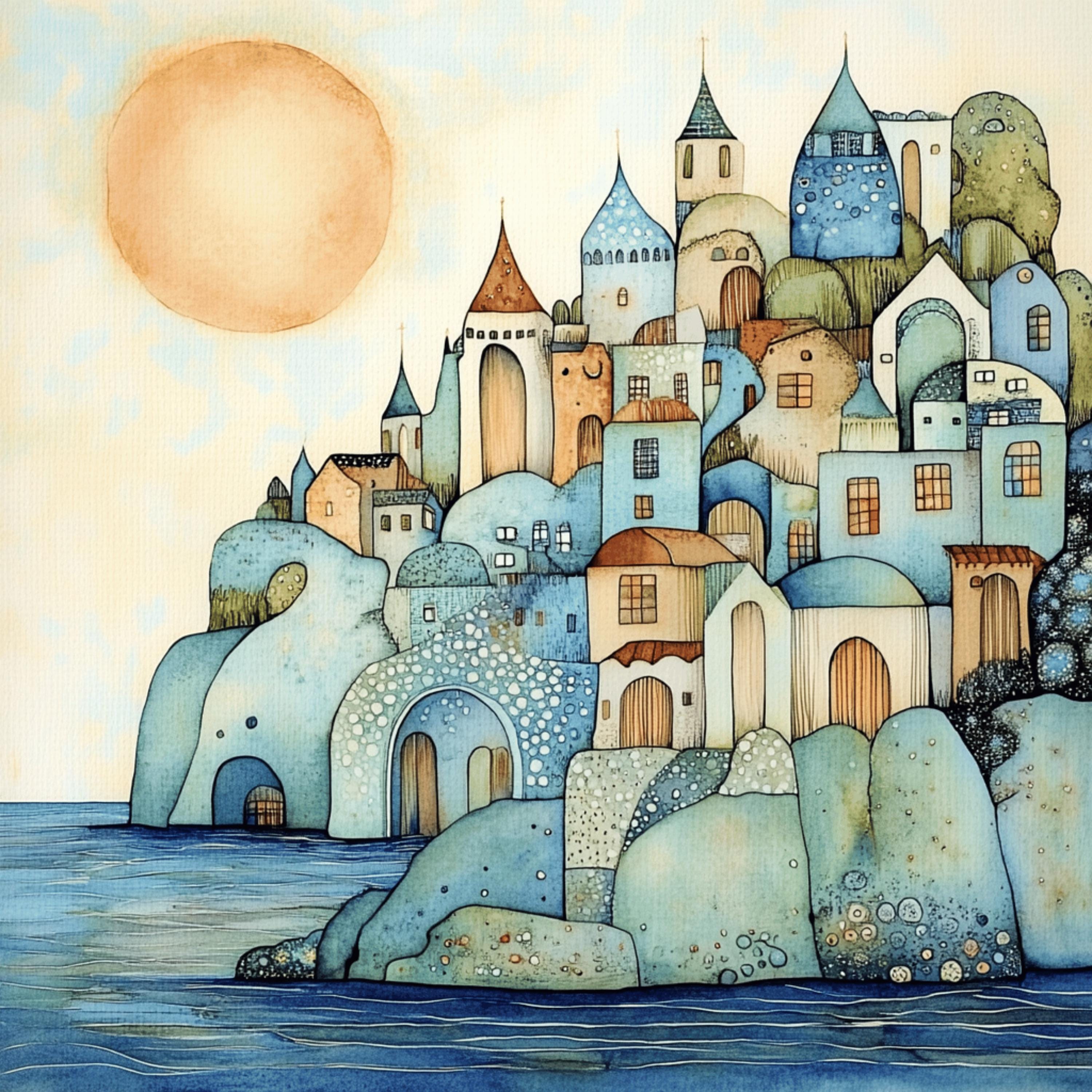 12 Pastel blue cream abstract Greek village digital art, 12 digital images of Greek village, large square poster artwork, wall decor