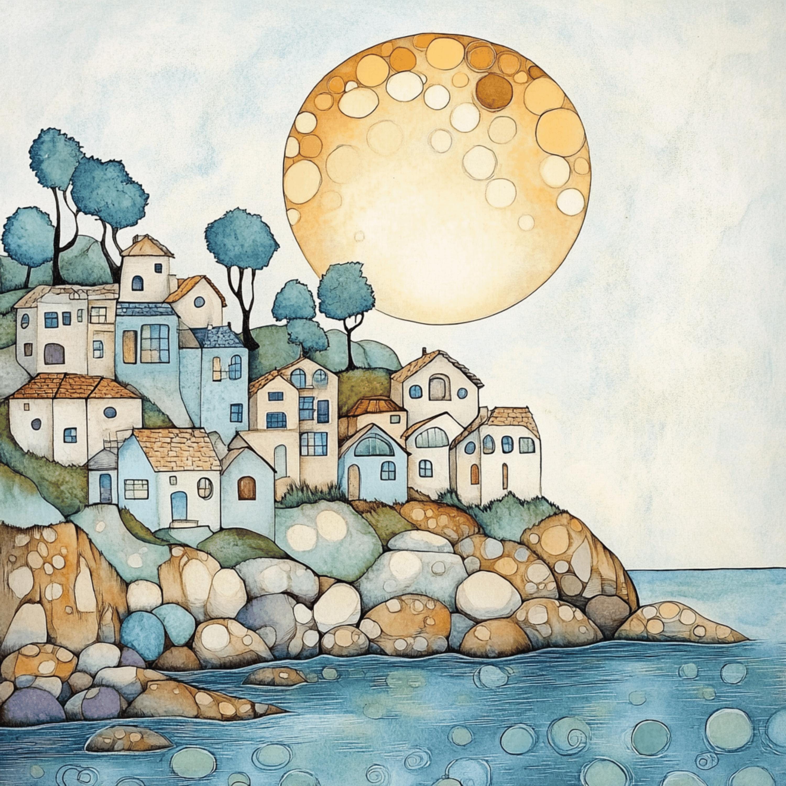12 Pastel blue cream abstract Greek village digital art, 12 digital images of Greek village, large square poster artwork, wall decor